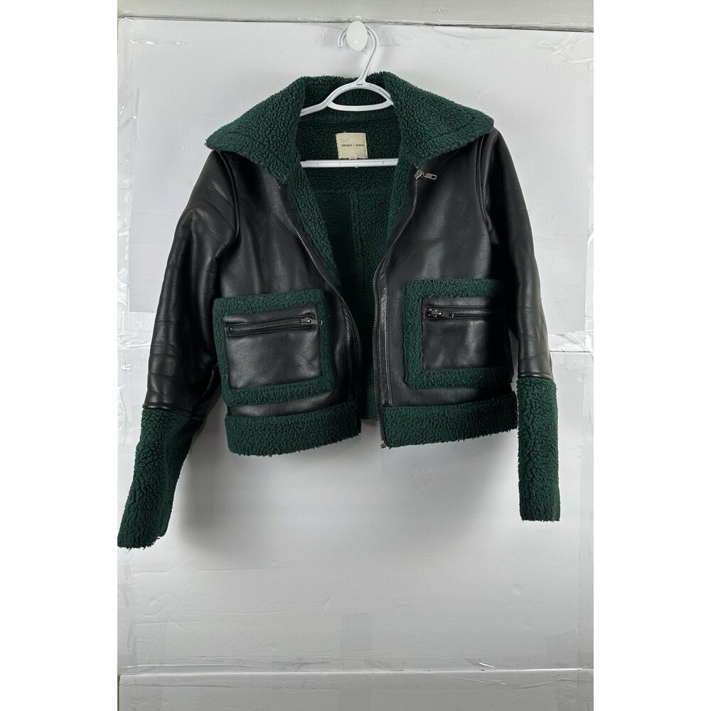 Silence + Noise XS Black Faux Leather Jacket Green Sherpa Trim Zipper Issue